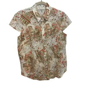 Jones New York Sport Cotton Multicolor Floral Cap Sleeve Button Shirt Blouse Top